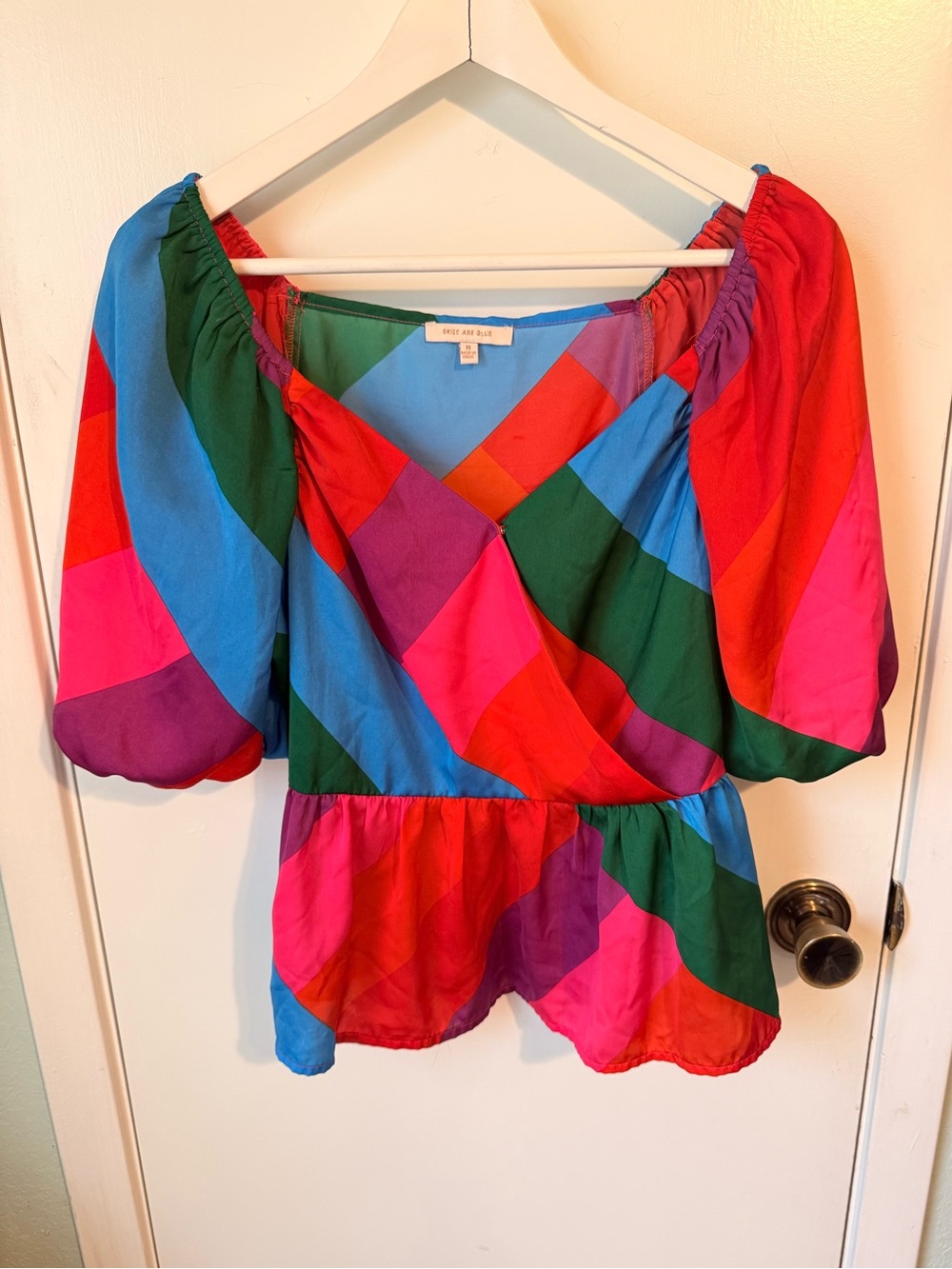 Maeve Multicolor Patchwork Peplum Top - Pink/Red/Green/Blue